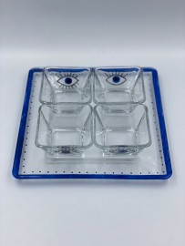 Petisqueira quadrada de vidro com 4 bowls Olho Grego